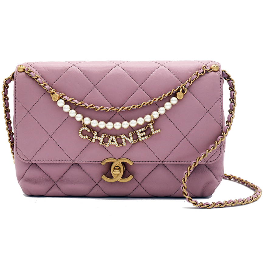 CHANEL EMBELLISHED QUILTED PINK FLAP BAG WITH PEARLS