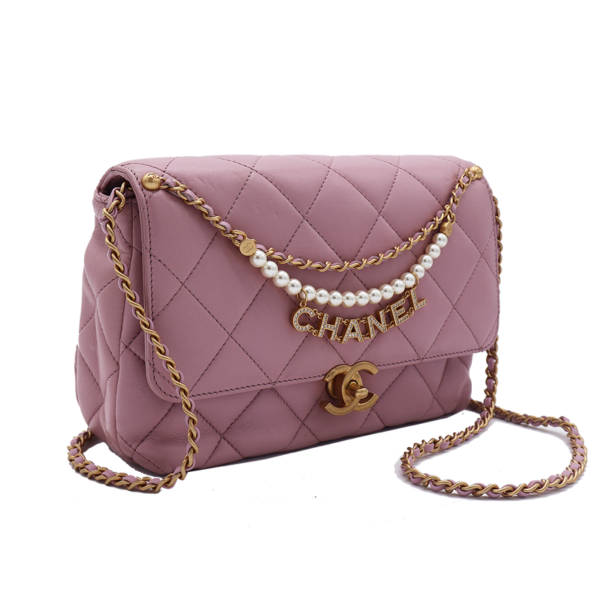 CHANEL EMBELLISHED QUILTED PINK FLAP BAG WITH PEARLS